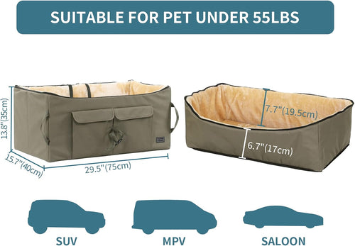 Dog Booster Seat for 2 Small Dogs or Medium Dog up to 45 Lb, Large Dog Car Seat with 2 Big Pockets for Cars, Trucks and Suvs (Large, Dark Brown)