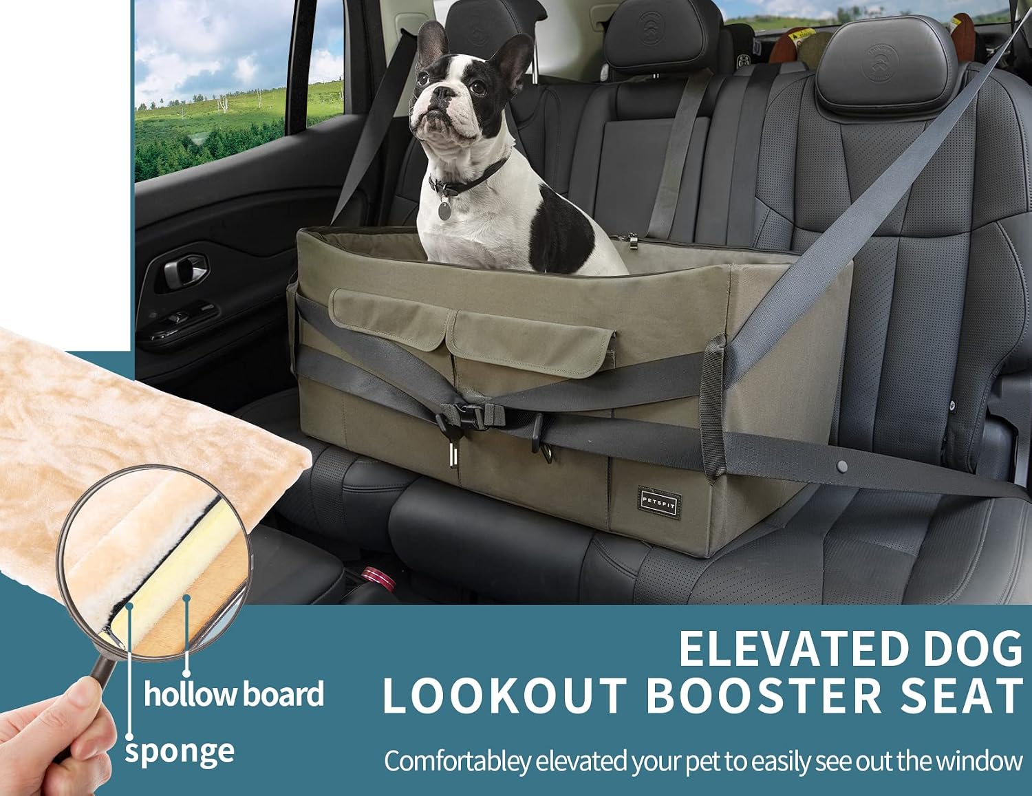Dog Booster Seat for 2 Small Dogs or Medium Dog up to 45 Lb, Large Dog Car Seat with 2 Big Pockets for Cars, Trucks and Suvs (Large, Dark Brown)